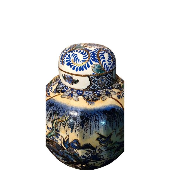 Vintage Ginger Jar Blue & White Porcelain Lid Hand-Painted Birds & Floral Motif - Picture 8 of 11